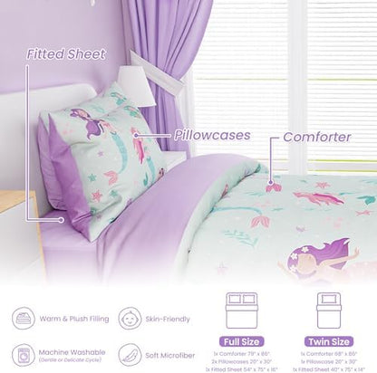 SANDJEST Mermaid Comforter Set Twin Size 68x86in for Kids Girls, Microfiber 3 Pcs Bedding Set Includes 1 Comforter, 1 Pillowcase, 1 Fitted Sheet, Nursery Room Decor