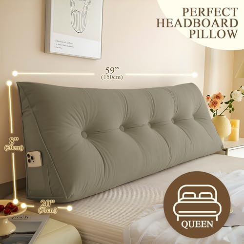DANGHOOGY Headboard Pillow Queen, Large Triangular Wedge Headboard Pillow for Reading and Resting, Backrest Positioning Support Pillow with Removable Cover (Khaki)