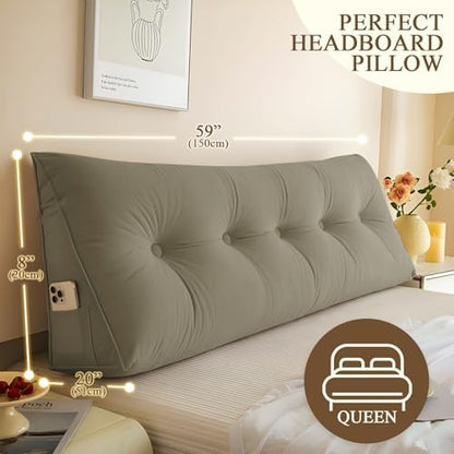 DANGHOOGY Headboard Pillow Queen, Large Triangular Wedge Headboard Pillow for Reading and Resting, Backrest Positioning Support Pillow with Removable Cover (Khaki)
