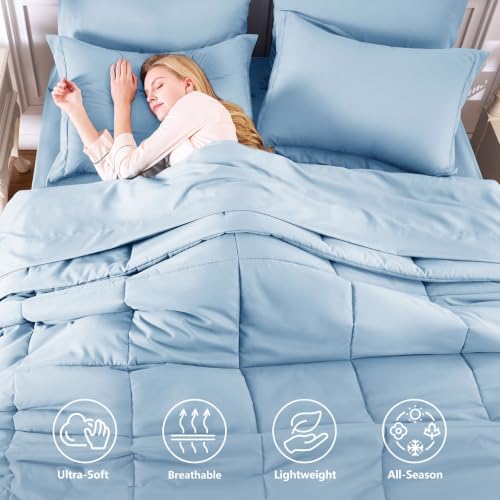 CozyLux Queen Comforter Set, 7-Piece Bed in a Bag, Baby Blue