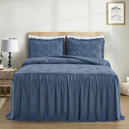 Chezmoi Collection Aria 3-Piece Pinch Pleat Pintuck Ruffle Skirt Bedspread Set - French Country Chic Farmhouse - King, Dusty Blue