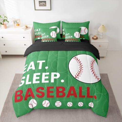 Erosebridal Games Kids Baseball Green Comforter Set Queen Size 7 Pieces | White Red Gaming Bed in A Bag Softball Sports Bed Set Boys Girls Teens Bedding