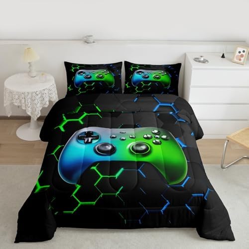 Boys Gamepad King Size Comforter Set Kids Honeycomb Decor All Season Bedding Set for Girls Teens Reversible Gaming Video Games Comforter Green and Blue Decor Quilt Set Bedroom Collection 3Pcs