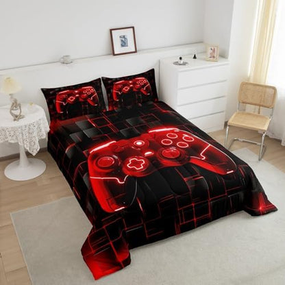 Manfei Kids Games Comforter Set King Size, Red Gaming Bedding Set for Boys Girls Teens Bedroom Decor, Black Video Gamer Controller Down Comforter, Reversible Gamepad Quilt Set, 2 Pillowcases
