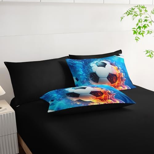 AILONEN Kids Soccer Comforter Set Queen Size,7-Piece Soft Bed in a Bag,Ice and Fire Sport Boys Soccer Comforter & Fitted Sheet with Flat Sheet & 2 Pillowcases,2 Pillow Shams for Bedroom