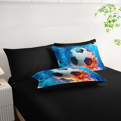 AILONEN Kids Soccer Comforter Set Queen Size,7-Piece Soft Bed in a Bag,Ice and Fire Sport Boys Soccer Comforter & Fitted Sheet with Flat Sheet & 2 Pillowcases,2 Pillow Shams for Bedroom
