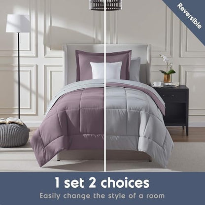Nestl 7 Piece Twin Comforter Set – Dusty Purple Reversible Bed in a Bag – Complete Twin Size Bedding Set with Sheets, Set of 2 Cooling Pillows, Pillowcase and Sham