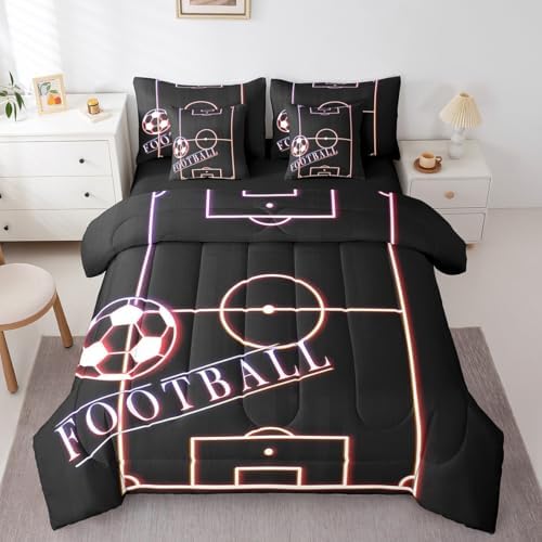 Football Bedding Comforter Sets 7pcs Sport Bed in a Bag Glowing Soccer Field Queen Bedding Sets Sports Gamer Comforter Set Purple Pink Red Bedding Sets & Collections for All Season Kids Bedroom Decor