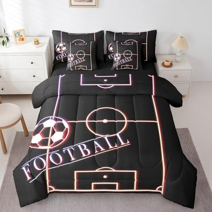 Football Bedding Comforter Sets 7pcs Sport Bed in a Bag Glowing Soccer Field Queen Bedding Sets Sports Gamer Comforter Set Purple Pink Red Bedding Sets & Collections for All Season Kids Bedroom Decor