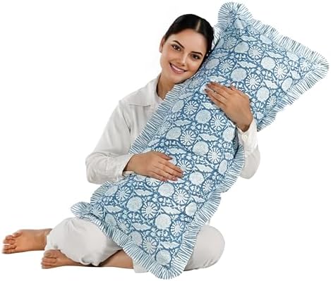 CPC Block Print Blue Meadow Ruffle Cotton Lumbar Pillow Cover 14x36 inch