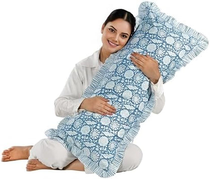CPC Block Print Blue Meadow Ruffle Cotton Lumbar Pillow Cover 14x36 inch