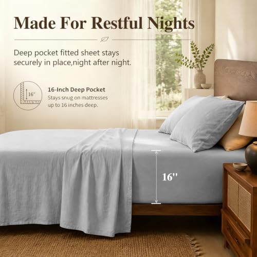 MEISHANG 100% French Linen Sheets King,4 Pcs,16" Deep Pocket