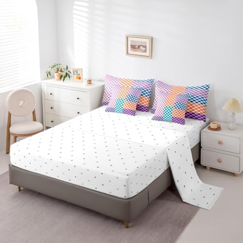 jejeloiu Teal Purple Orange Bedding Set 7Pcs Full Size Kids Plaid Checkered Comforter Set with Sheets for Boys Girls Classic Grid Buffalo Check Bed in a Bag Soft Lightweight,Microfiber