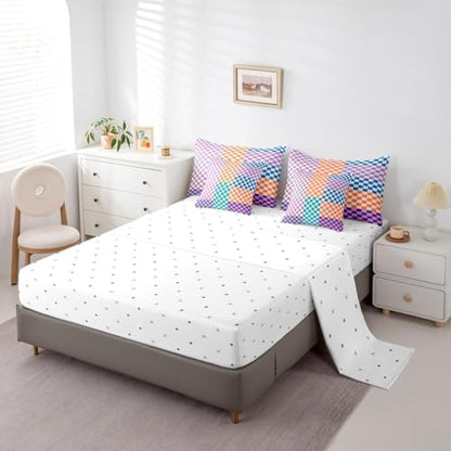 jejeloiu Teal Purple Orange Bedding Set 7Pcs King Size Kids Plaid Checkered Comforter Set with Sheets for Boys Girls Classic Grid Buffalo Check Bed in a Bag Soft Lightweight,Microfiber