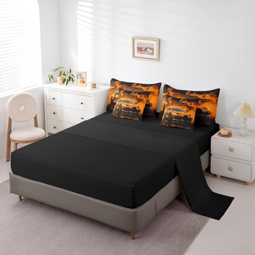 jejeloiu Kids Race Car Comforter Set with Sheets King Size Extreme Sport Games Bedding Set for Boys Girls Bedroom Decor Modern Orange Bed in a Bag Soft Lightweight Microfiber