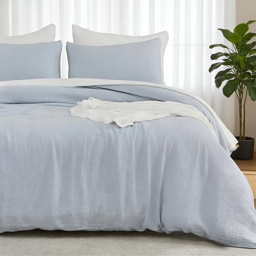 EMME Muslin Cotton Duvet Cover Set Linen Like Blue Twin