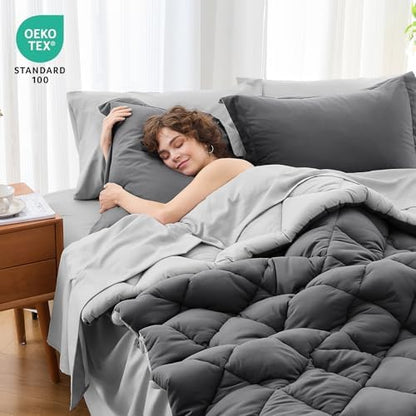 MUXHOMO 7 Pieces Oversized King Comforter Set, Reversible Bed in a Bag Oversized King Size, All Season Bedding Set with Comforter, Flat Sheet, Fitted Sheet, Pillowcases & Shams, Dark Grey & Light Grey