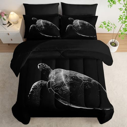 Nttopship Black Sea Turtle Comforter Set,Sea Turtle Bedding Set 7 Piece in A Bag,Beach Themed Bedroom Comforter Set King Size for Kids Teen Girls Boys Room Decor Microfiber Lightweight All Season