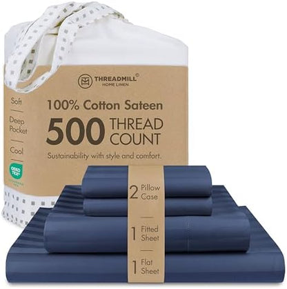 Threadmill 500TC Cotton Queen Sheet Set, Damask Stripe, Folkstone Blue