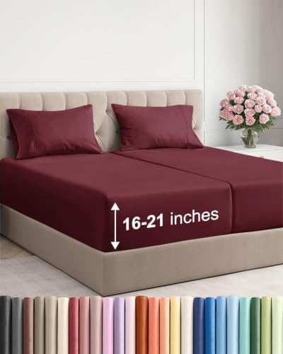 Extra Deep Pocket Split King Sheet Set - Breathable & Cooling - Burgundy