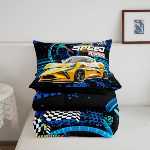 Boys Race Car Toddler Comforter Set,Kids Speed Racing Car Bedding Set for Boys Children Girl,Black And White Plaid Checkered Flag Bedding Comforter Sets,Speed Dashboard Automobile Extreme Sport Quilt