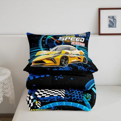 Boys Race Car Toddler Comforter Set,Kids Speed Racing Car Bedding Set for Boys Children Girl,Black And White Plaid Checkered Flag Bedding Comforter Sets,Speed Dashboard Automobile Extreme Sport Quilt