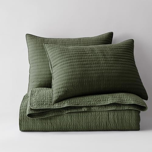 WDCOZY 100% Cotton Twin Size Quilt Set, Channel Pick Stitch, Olive Green