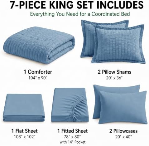 HIMEET King Comforter Set, 7-Piece Seersucker Bed in a Bag, Grayish Blue