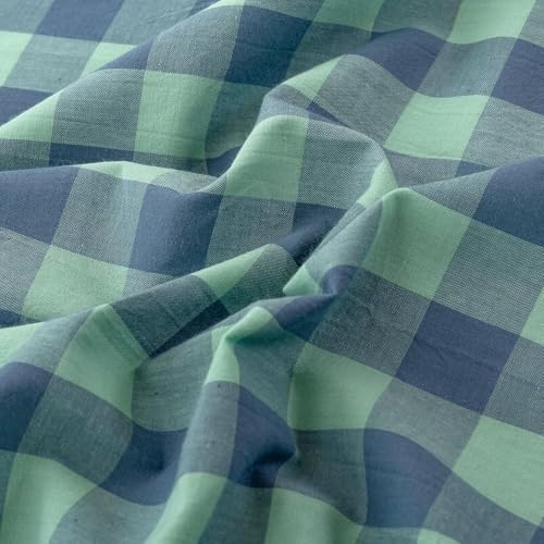 mixinni Green Gingham Grid Duvet Cover Queen, 100% Washed Cotton Modern Geometric Bedding Set with 2 Pillowcases, Farmhouse Style Blue Plaid Comforter Cover Set for Men & Women, Soft & Lightweight
