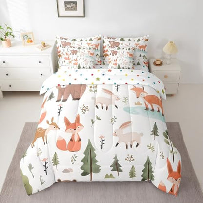 Feelyou Cartoon Animals Comforter Set 7 Pieces Twin Size Cute Zoo Bear Fox Rabbit Bedding Set for Boys Girls Nature Bed in a Bag with Comforter, Sheets, Pillowcases & Cushion Covers