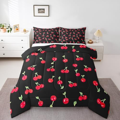 Erosebridal Red Cherry Bedding Set for Kids, Fruit Kawaii Comforter Set Full, Cute Cherry Cartoon Quilted Duvet for Boys Girls Women Bedroom Decor, Reversible Luxury Cherry Quilted Comforter, Black