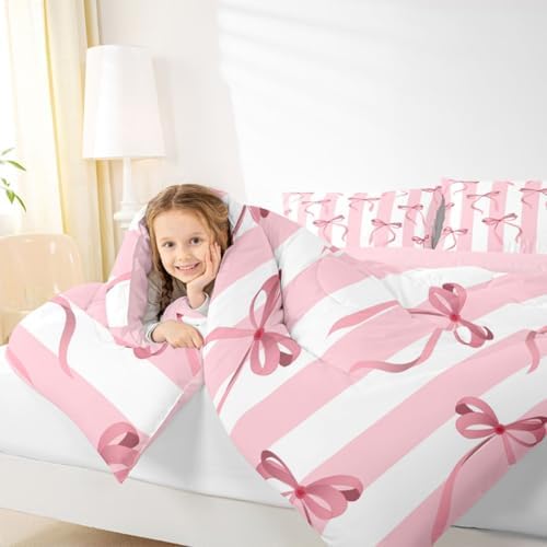 jejeloiu Girls Pink Bow Comforter Set All Season Cute Bowknot Bedding Set with 1 Pillow Cases Bow Microfiber Kids Twin Bedclothes Bedroom Decor Duvet Quilt Breathable Soft Lightweight