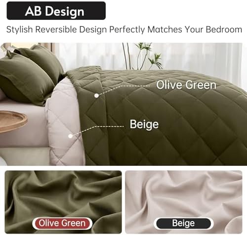 MUXHOMO 7 Pieces King Comforter Set, Reversible Bed in a Bag King Size, All Season Bedding Set with Comforter, Flat Sheet, Fitted Sheet, Pillowcases & Shams, Olive Green & Beige