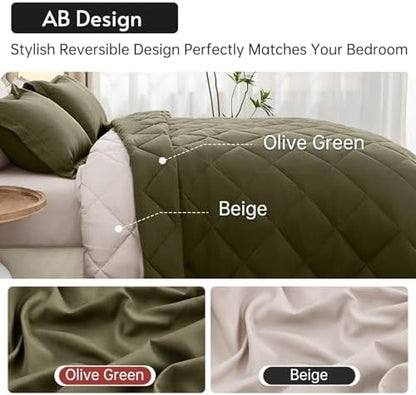 MUXHOMO 7 Pieces King Comforter Set, Reversible Bed in a Bag King Size, All Season Bedding Set with Comforter, Flat Sheet, Fitted Sheet, Pillowcases & Shams, Olive Green & Beige