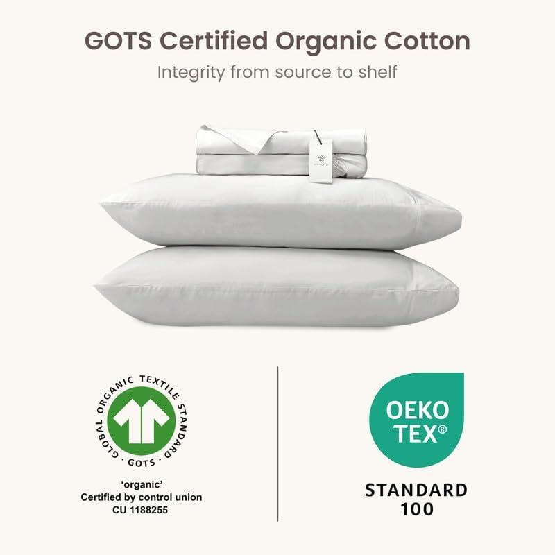 BIOWEAVES 100% Organic Cotton Sheets, 300 Thread Count 4-Piece GOTS Certified Bed Sheet Set Fits Mattress Upto 17" Deep Pocket, Soft & Silky Sateen Weave (Queen, Silver)