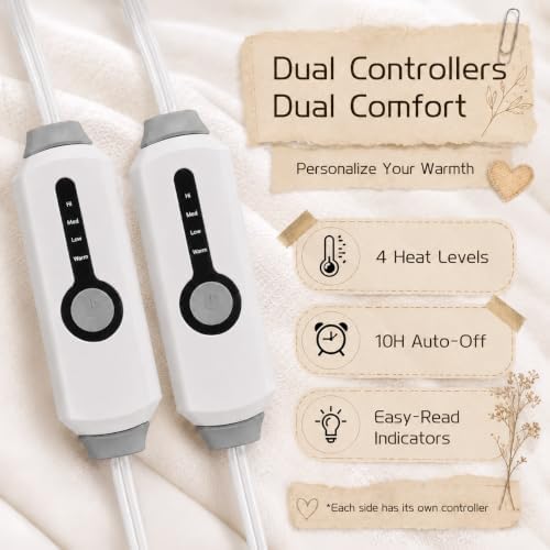 ReyyNio Electric Heated Blanket King Size 90"x100", Dual Controllers, Beige