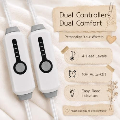 ReyyNio Electric Heated Blanket King Size 90"x100", Dual Controllers, Beige