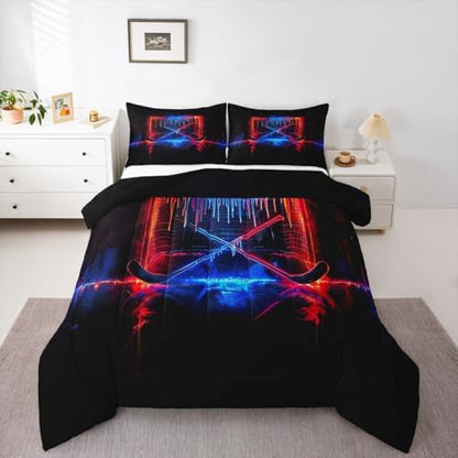 jejeloiu Ice Hockey Bedding Set Soft for Boys Girls, Ice Sports Games Comforter Set Full Size Hockey Player Duvet Quilt Microfiber Winter Sports Bedroom Decor 3 Pcs with 2 Pillow Cases