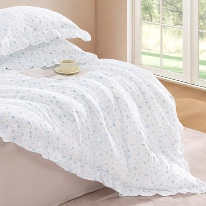 Andency Blue Floral Ruffle Comforter Queen, Flower Printed Bedding Set