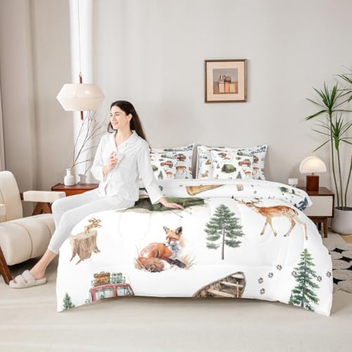 Erosebridal Wild Animal 7 Piece Comforter Set Twin Happy Camping Bed in A Bag Fox Deer Wildlife Woodland Animals Bedding Sets for Boys Girls Camper Car Western Cowboy Sheet Set with Comforter