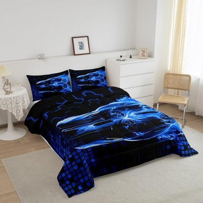 Feelyou Race Car Flame Comforter Set for Kids Boys Teens Queen Size Speed Sports Bedding Set Ultra Soft Honeycomb Duvet Quilt Games Car Comforter Bedroom Decor Cool Modern Grid Duvet Quilt