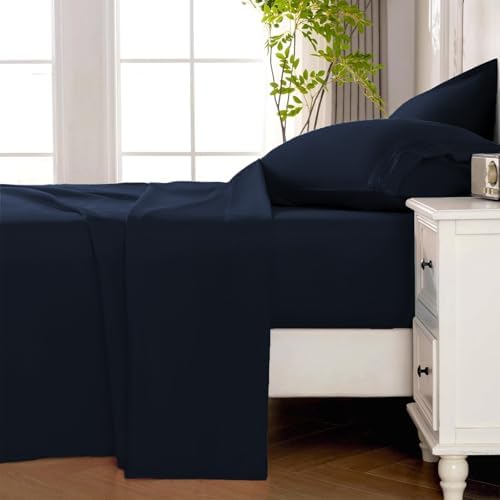 ROSE&RISY Navy Queen Sheet Set, 4 Pieces Soft Bedding King Sheet Set, Breathable and Cooling Sheet Bed Set, Includes 1 Fitted Sheet, 1 Flat Sheet, 2 Pillowcases - Deep Pocket (Navy, Queen Size)