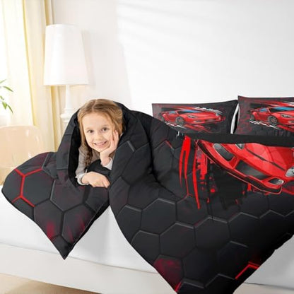 Sports Car Comforter Set Full,Red Race Car Extreme Sport Bedding Set 3pcs for Kids Teens Boys,Competitive Gaming Duvet Insert Set Black White Honeycomb Grid Quilted Duvet Set with 2 Pillowcases