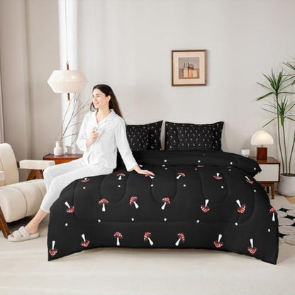 Erosebridal Cute Mushroom Queen Comforter Set 7 Pieces, Kid Cartoon Kawaii Bed in A Bag, Lovely Natural Wild Plants Fungus Bedding Set with Comforters, Sheets, Pillowcases Black Red Bedroom Decor