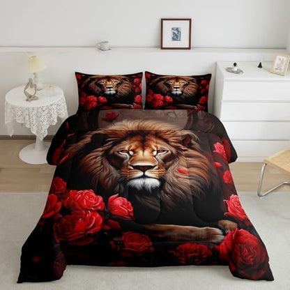 Lion Rose Bedding Set Full Size,Tropical African Animal Comforter Set for Kids Teens Adults Room Decor,Wildlife Floral Nature Theme Duvet Insert 3Pcs,Red Flower Fierce Lion Quilt Set,2 Pillowcases