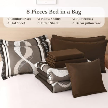 Anibedding Brown Comforter Set Queen Size,Patchwork Striped Bed in a Bag
