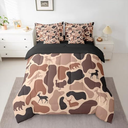 Erosebridal Camouflage 7 Piece Bedding Set Queen Hunter Deer Comforter Set with Sheets Woods Army Pink Brown Camo Bed in a Bag Hound Wolf Turkey Bear Pattern for Kids Boys Girls