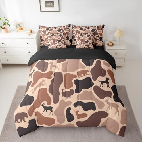 Erosebridal Camouflage 7 Piece Bedding Set Full Hunter Deer Comforter Set with Sheets Woods Army Pink Brown Camo Bed in a Bag Hound Wolf Turkey Bear Pattern for Kids Boys Girls