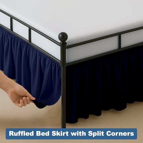 Ruffled Bed Skirt Split Corners with Platform, Tailored Fit Hotel Quality Wrinkle Free Ultra-Soft Microfiber Dust Ruffle, Upto 14 Inch Drop, Full XL, Navy Blue