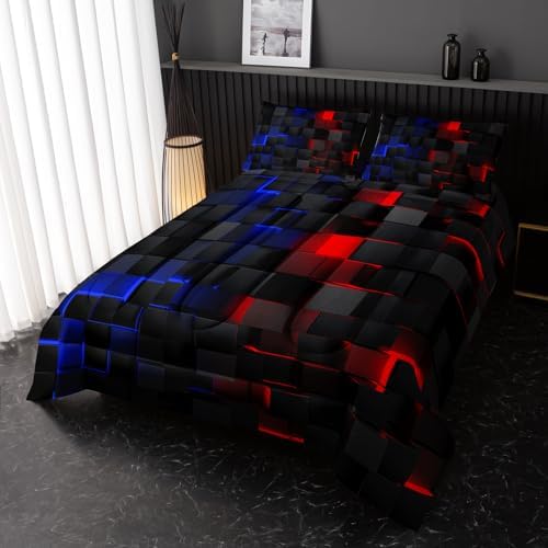 Nttopship Neon Red and Blue Comforter Set Twin Geometric Kids Bedding Set,3 PCS Geometry Honeycomb Bed Set Modern Quilt Set 1 Comforter 2 Pillow Cases Cool Room Decor All Season B-Side Black